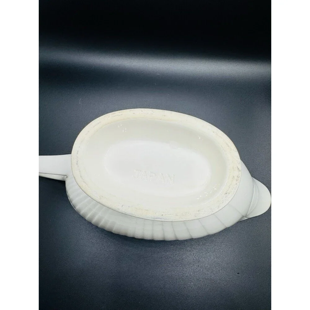 Vintage White Ceramic Gravy Boat Set w/ Underplate, Japan, Glossy Oval, Handles